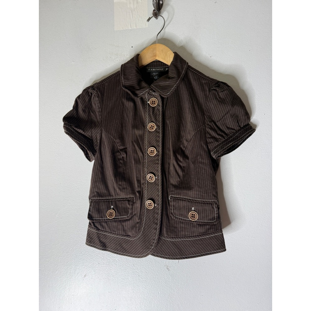 Y2K rampage shirt sleeve button up pin stripe collar puff sleeve brown steampunk